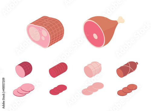 Meat and ham set, butcher shop. Isometric vector illustration in flat design.