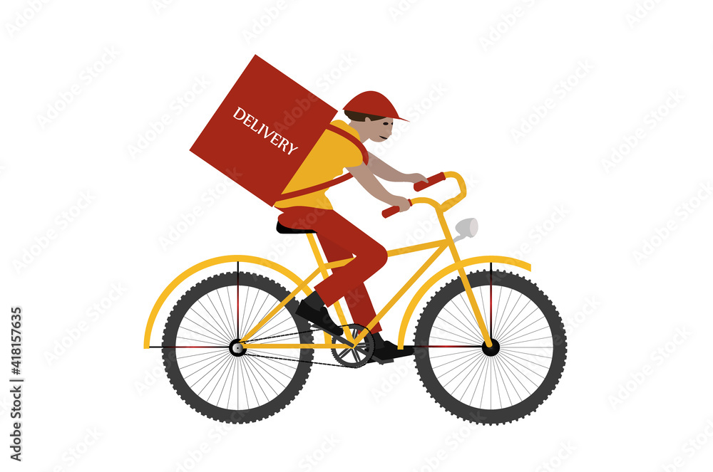 Obraz premium Delivering by bike. Courier by bicycle with food box. Online order and food express delivery concept. Delivery service concept. Yellow and red colors. Stock vector illustration on isolated background.