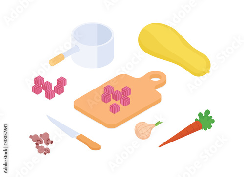 Meal preparation set - vegetable and meat stew. Isometric vector illustration in flat design.