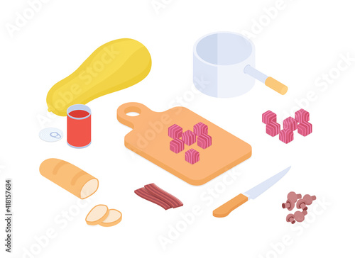 Meal preparation set - vegetable and meat stew. Isometric vector illustration in flat design.
