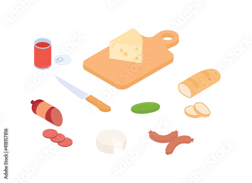 Meal preparation set. Isometric vector illustration in flat design.