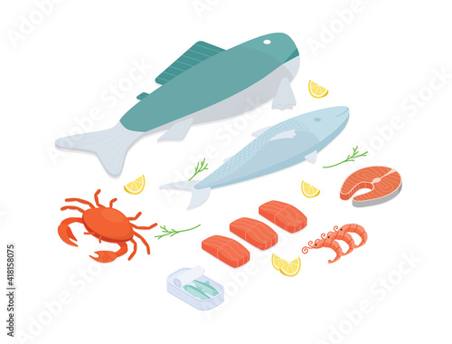 Fish and seafood set. Isometric vector illustration in flat design.