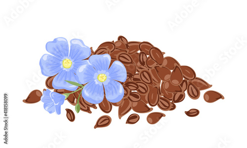 Heap of flax seeds and blue flowers isolated on white background. Vector illustration in cartoon flat style.