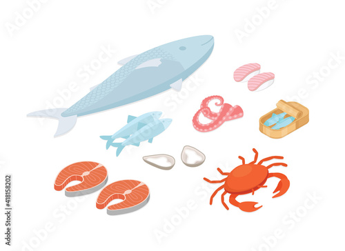 Fish and seafood set. Isometric vector illustration in flat design.