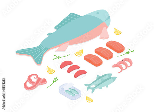 Fish and seafood set. Isometric vector illustration in flat design.