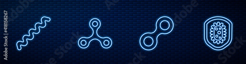 Set line Virus, , and Shield protecting from virus. Glowing neon icon on brick wall. Vector.