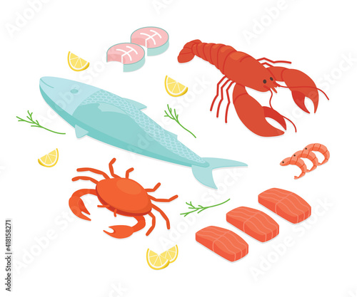 Fish and seafood set. Isometric vector illustration in flat design.