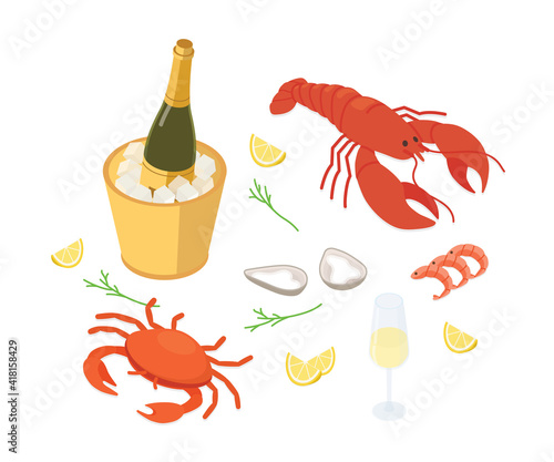 Seafood set - lobster, oysters and sparkling wine. Isometric vector illustration in flat design.