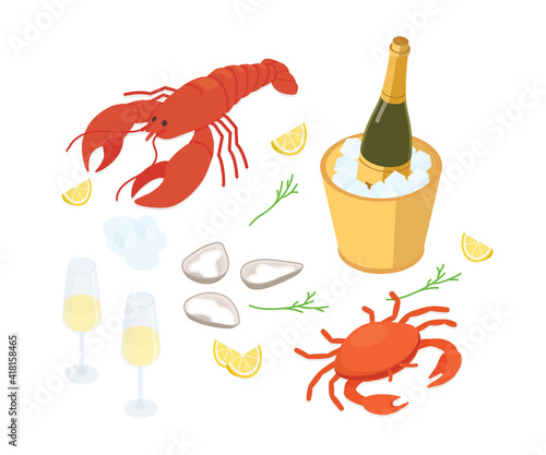 Seafood set - lobster, oysters and sparkling wine. Isometric vector illustration in flat design.