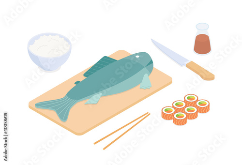 Making sushi set - fish, seafood. Isometric vector illustration in flat design.
