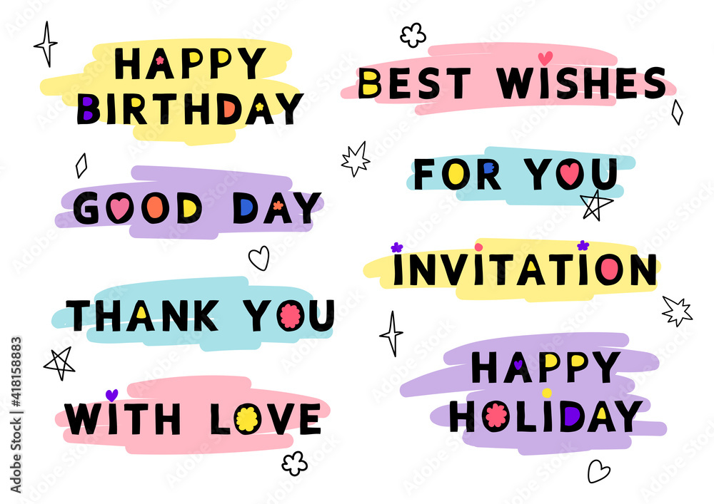 Obraz premium Vector set of cute fun lettering, words and inscriptions for the design of postcards, posters, invitations, greeting cards. Bright funny quotes in a trendy style.