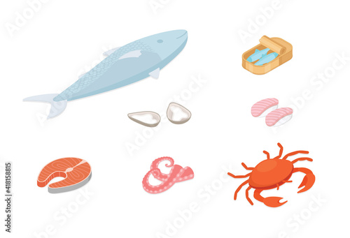 Fish and seafood set. Isometric vector illustration in flat design.
