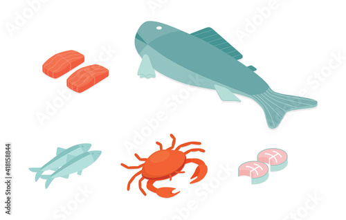 Fish and seafood set. Isometric vector illustration in flat design.