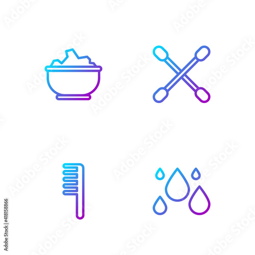 Set line Water drop, Hairbrush, Sea salt in bowl and Cotton swab for ears. Gradient color icons. Vector.