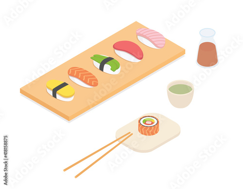 Making sushi set - fish, seafood. Isometric vector illustration in flat design.
