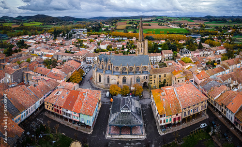 An aerial view of Mirepoix,  a commune in the Ariège department in southwestern France photo