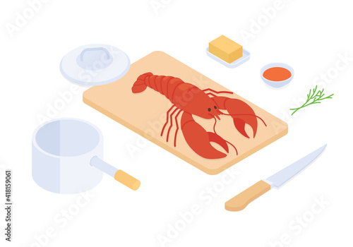 Cooking lobster set. Isometric vector illustration in flat design.