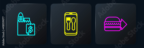 Set line Online ordering and delivery, burger and . Black square button. Vector.