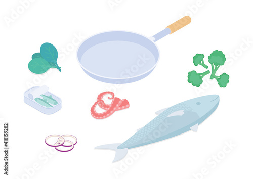 Frying fish prep set. Isometric vector illustration in flat design.