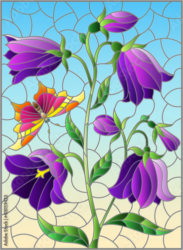 Illustration in stained glass style with purple bell flower and a butterfly on a blue background, rectangular image