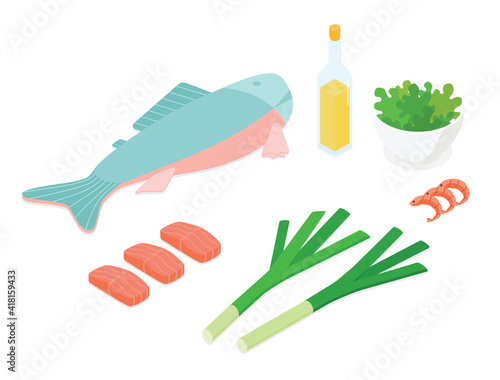 Meal preparation set - fish, seafood. Isometric vector illustration in flat design.