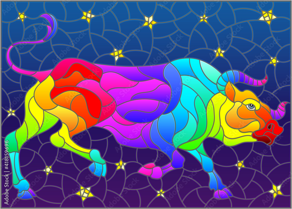 Obraz premium Illustration in stained glass style with an abstract rainbow bull on the background of the night sky and stars