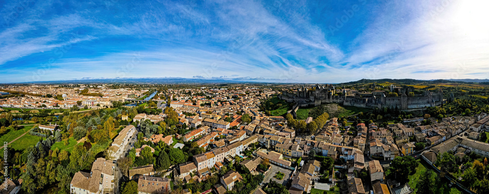 Naklejka premium Aerial view of Carcassonne, a French fortified city in France