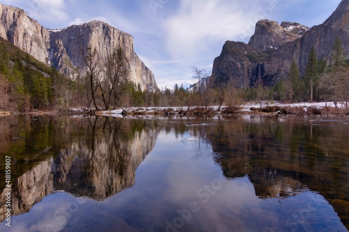 Winter reflection in the Merced river in Yosemite National Park