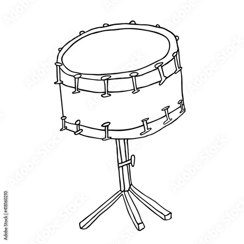 Snare drum sketch illustration. Hand drawn black and white percussion musical instrument clip art drawing