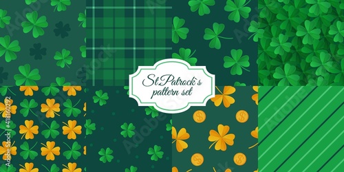 St. Patrick's Day seamless pattern set. Green textures with plaid, lines, gold, clover, shamrock. Stock vector illistration in cartoon realistic style