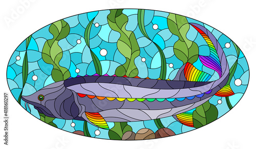 Illustration in stained glass style with bright abstract beluga fish on the background of algae, air bubbles and water, oval image