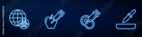 Set line Genetically modified meat, GMO, apple and Pipette. Glowing neon icon on brick wall. Vector.
