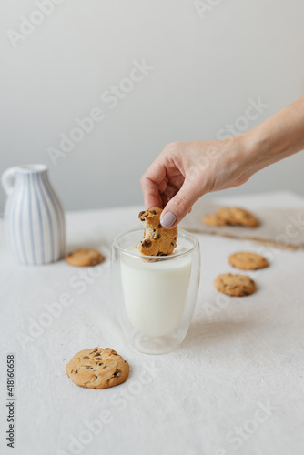 Female hand dipping cookies in milk. Oatmeal cookies and milk.