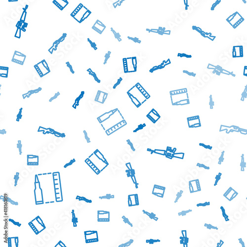 Set line Bullet, M16A1 rifle and Hunting gun on seamless pattern. Vector.