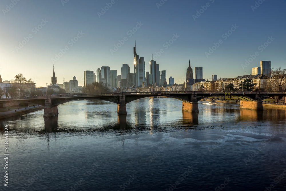 The skyline of Frankfurt at a cold day in winter.