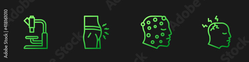 Set line Psoriasis or eczema rash, Microscope, Abdominal bloating and Man having headache. Gradient color icons. Vector.
