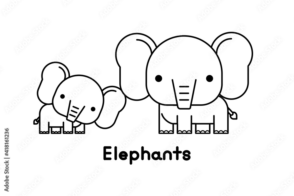 Outline elephant mother and son. Vector illustration.