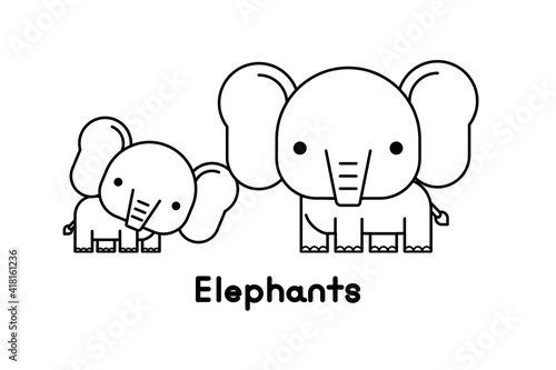 Outline elephant mother and son. Vector illustration.