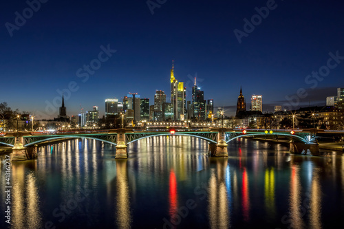 The skyline of Frankfurt at night at a cold day in winter.