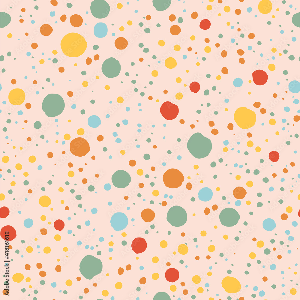 Colorful confetti like dots randomly placed to seamless repeat pattern with beige background.