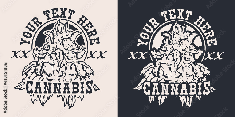 Set vector illustrations with the hemp bush for white and dark background. The text is in a separate group. This design is perfect for apparel designs and many other uses.