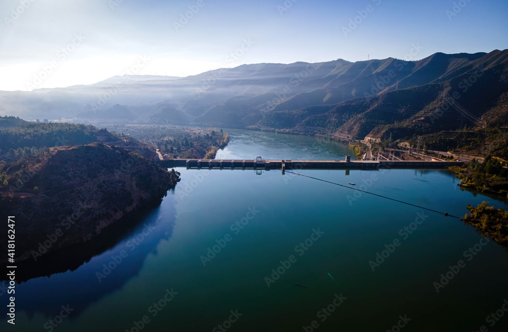 Aerial view of the river Ebro in the morning in the Catalonia region of Spain