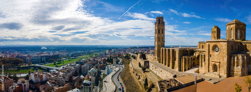 Aerial view of a Gothic-Romanesque cathedral in Lleida in Spain's northeastern Catalonia region