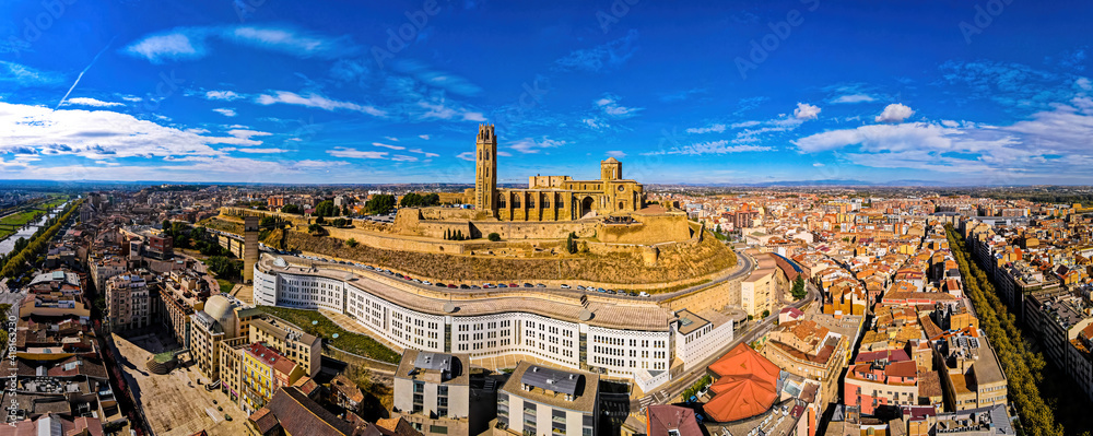 Aerial view of a Gothic-Romanesque cathedral in Lleida in Spain's northeastern Catalonia region