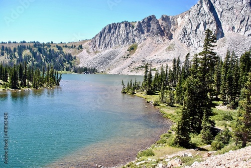 Medicine Bow National Forest in Wyoming, United States. Medicine Bow Peak as seen from Lewis Lake. Located off the Snowy Range Scenic Byway, managed by the Laramie Ranger District.  photo