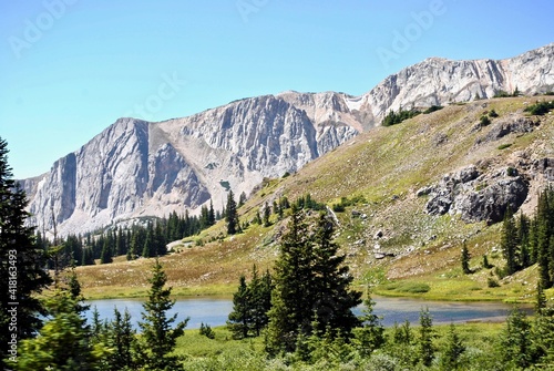 Medicine Bow National Forest in Wyoming, United States. Medicine Bow Peak as seen from Lewis Lake. Located off the Snowy Range Scenic Byway, managed by the Laramie Ranger District.