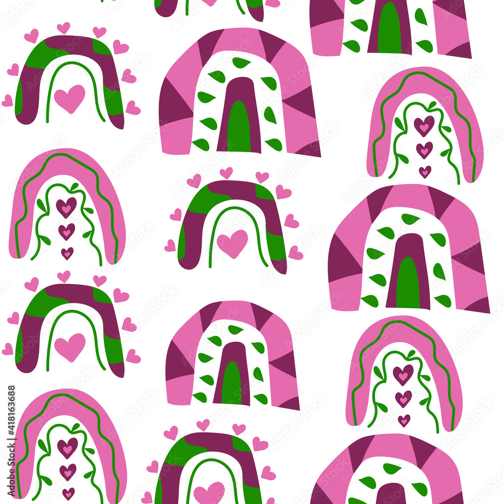 Scandinavian seamless pattern with rainbow, plants and hearts for children clothes, sets of bed-linen, posters, etc Scandinavian seamless pattern with rainbow, plants and hearts for children clothes, sets of bed-linen, posters, etc