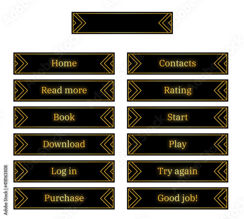 Black buttons with golden ornament and text
