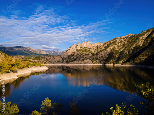 Aerial view of Presa de Oliana dam on El Serge river in Spain