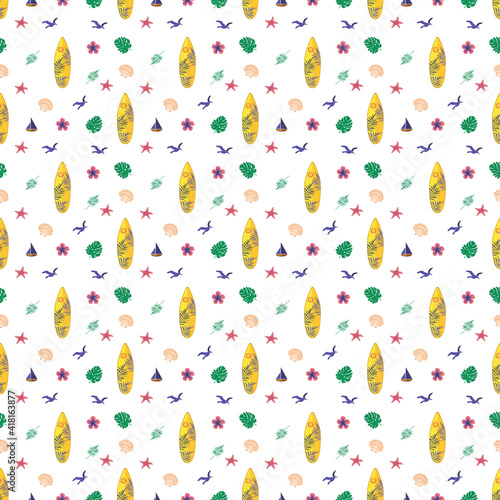 Cute bright seamless summer pattern with items for the sea and vacation.